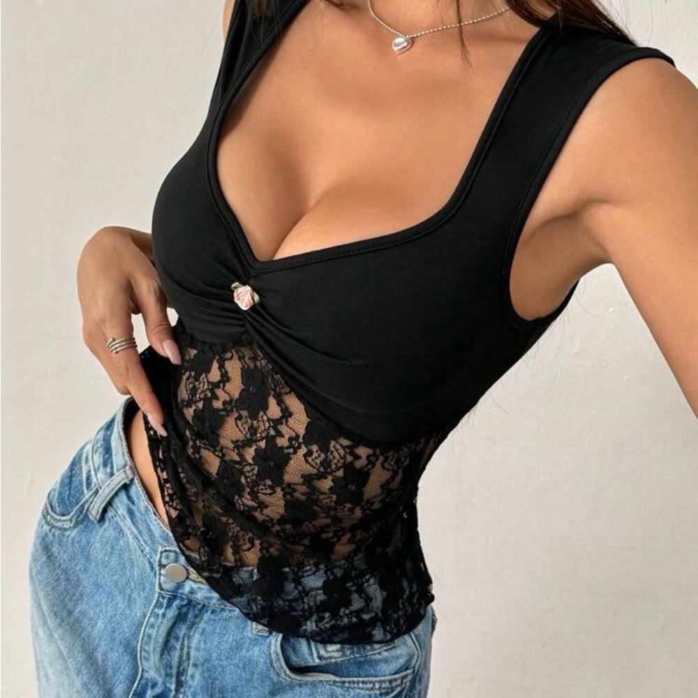 Black Lace Detail Women's Top